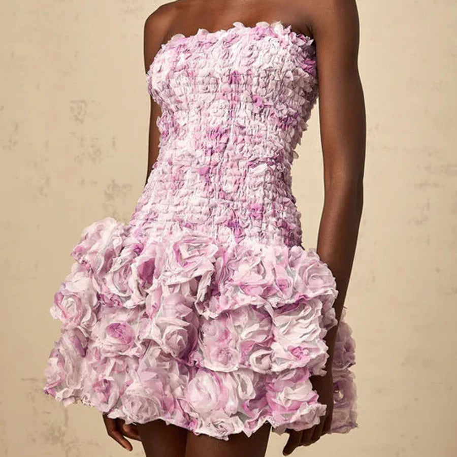 Vestidos temperamentais da moda com blocos de cores para mulheres, sem alças, sem mangas, patchwork, flores 3D, roupa feminina