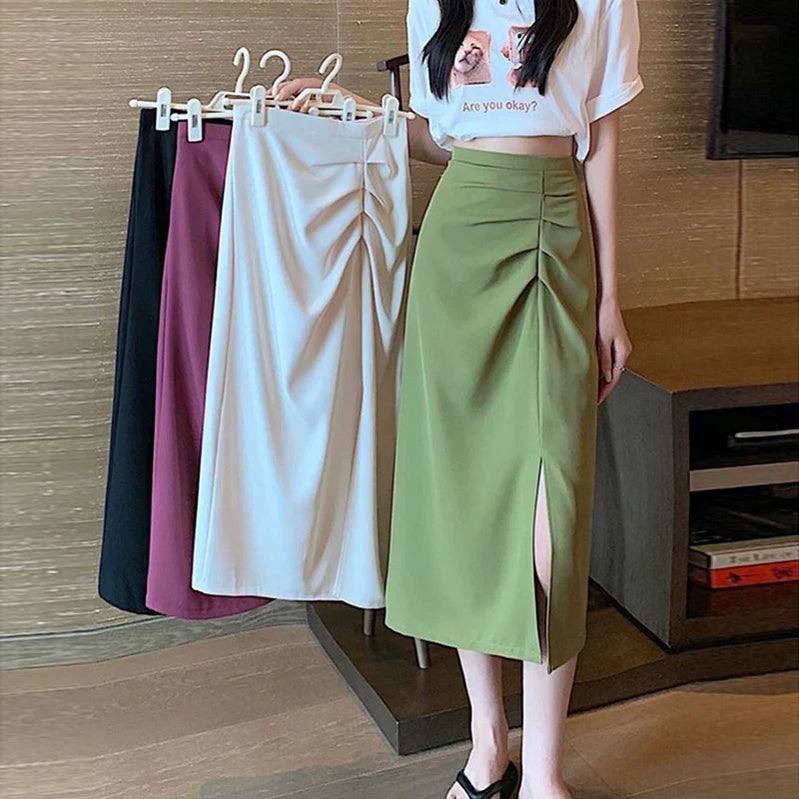 A-Line Elastic Waist Irregular Pleated Split Skirt Midi Dress Sexy Casual Solid Elegant Chic Women Clothing French Summer OL New