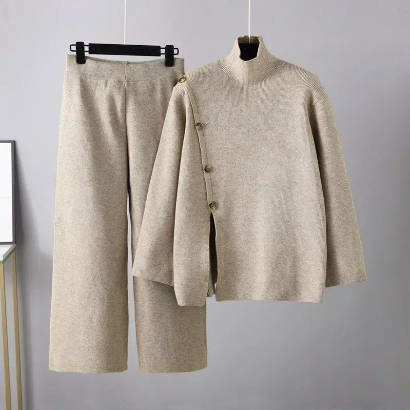 Two-piece Set Warmth Reduction Casual Wide Leg Pants Split Knit High Neck Sweater for Women's Winter