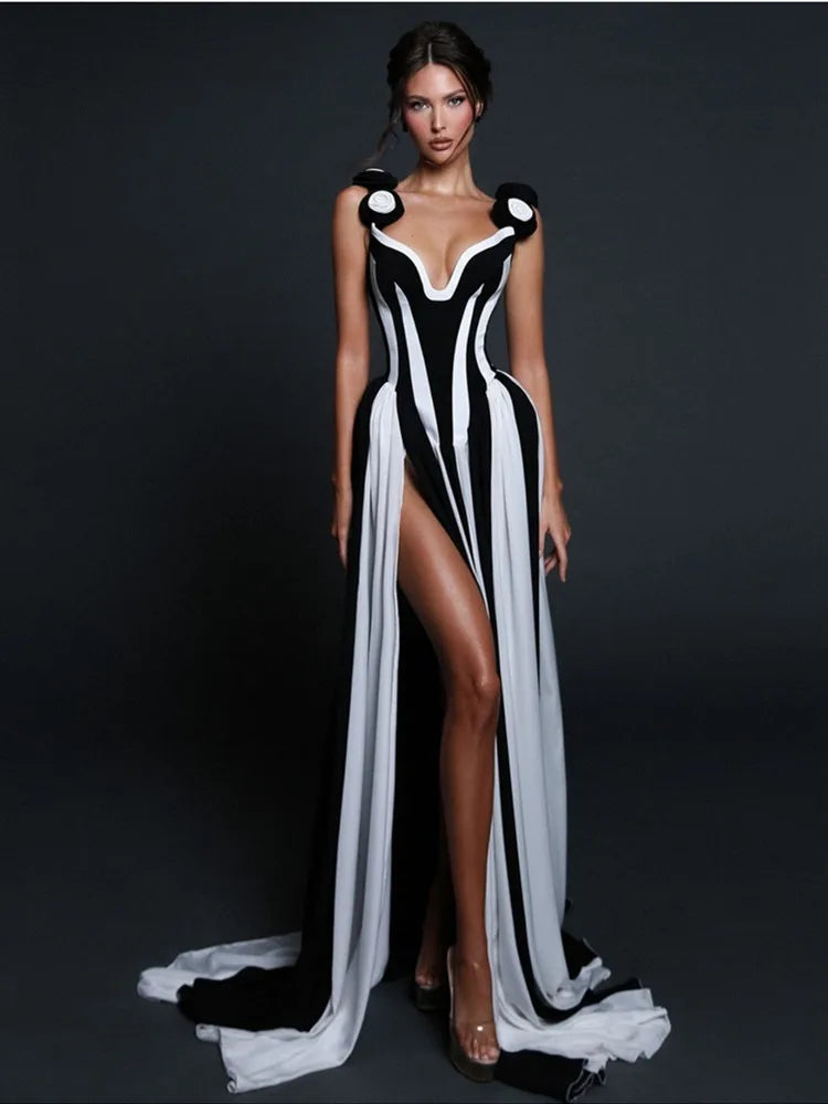 Women Celebrity Sexy V Neck Flower Black White Striped Maxi Long Bodycon Bandage Dress 2025 Elegant Evening Club Party Outfit