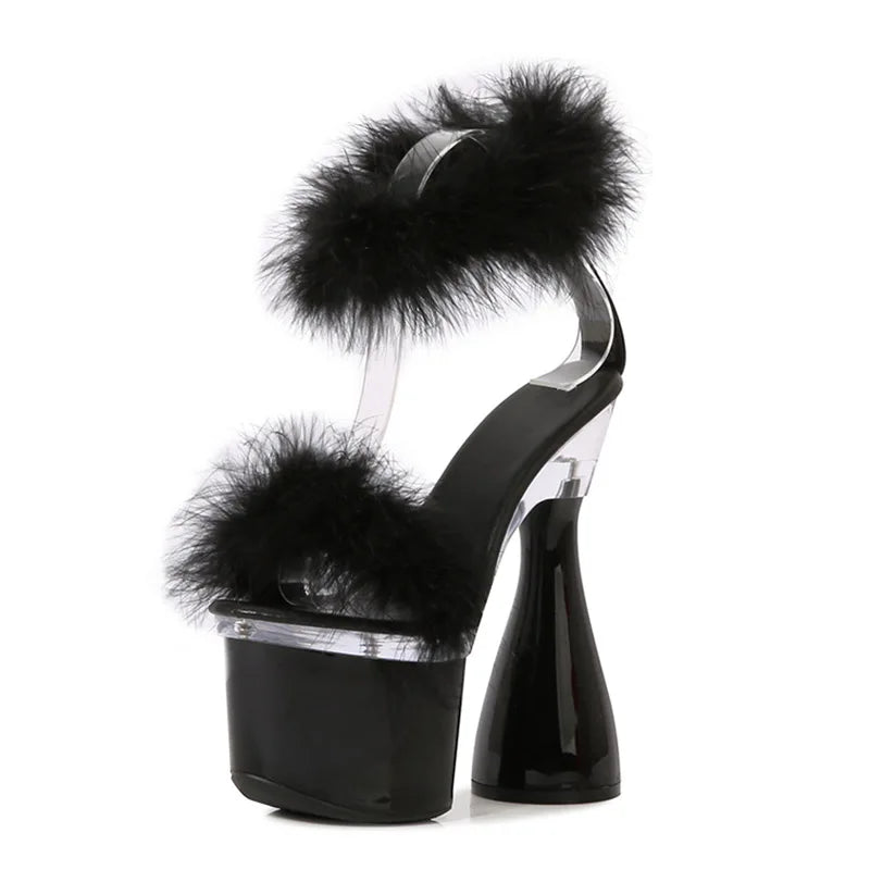 Women's 17.5CM Ultra High Heel Black White Red Platform Sandals Summer Fashion Furry Open Toe Nightclub Stage Round Heels Shoes