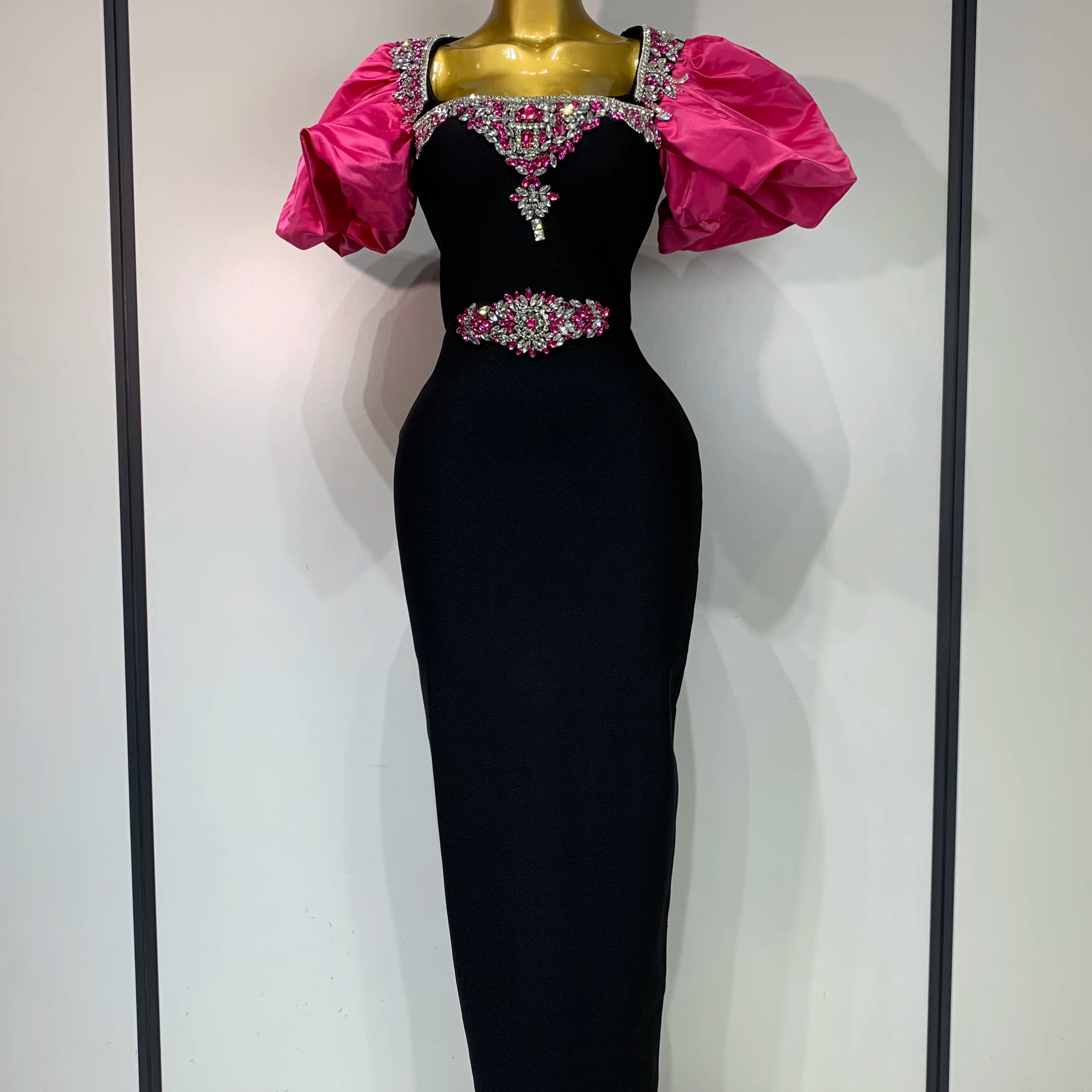 Women Sexy Puff Sleeve Square Collar Shinning Crystal Bodycon Long Bandage Dress Celebrate Evening Party Luxury Birthday Dress