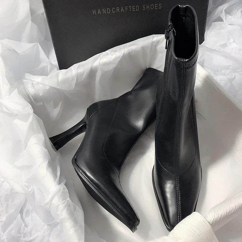 Thin High Heel Women's Ankle Boots Fashion Pointed Toe Short Botas Ladies Elegant Shoes Winter Short Plush Women's Pumps black