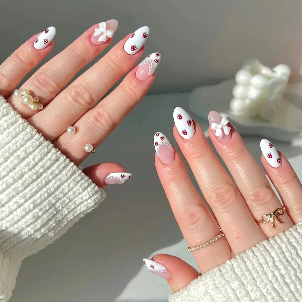 24 peças unhas postiças de amêndoa rosa doce com laço de pérola adesivos para unhas vestíveis com borda branca francesa removível pontas de unhas de acrílico artísticas
