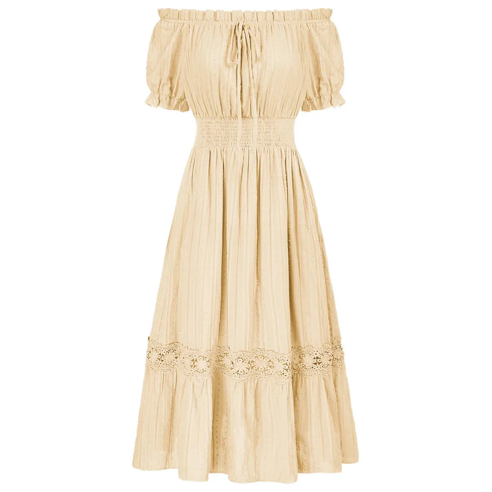 SD Women Renaissance Cotton Dress Summer Short Sleeve Ruffled Off Shoulder Flared A-Line Dress Ruched Slim Fit Fashion Dresses Light Apricot