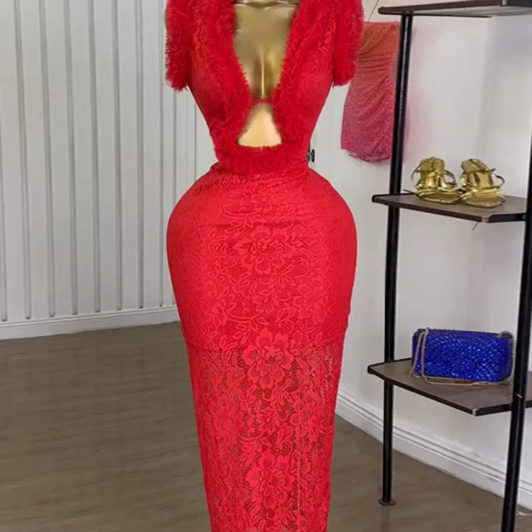 CM.YAYA Women Ruffles Splicing Deep V-neck Lace Floral Bodycon Midi Dress 2025 Birthday Night Club Party Vestidos Sexy Dresses