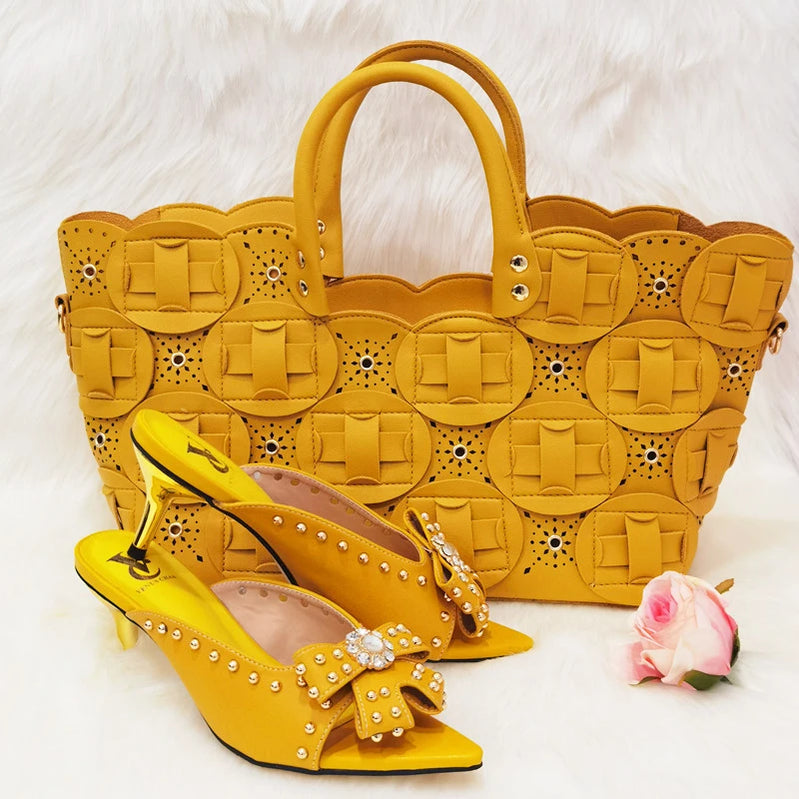 Metal Decoration Party Italian Ladies Shoes and Bags To Match Set Designer Luxury Shoes Women Shoes and Bag Sets for Women 913-yellow
