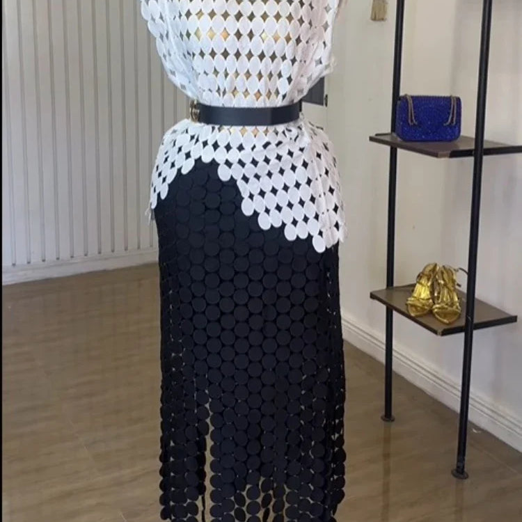 CM.YAYA Women Cutout O-neck Crop Top and Bodycon Midi Slim Maxi Long Skirt Suit 2025 Summer Vacation Sexy Two 2Piece Set Outfits white-black-belt One Size