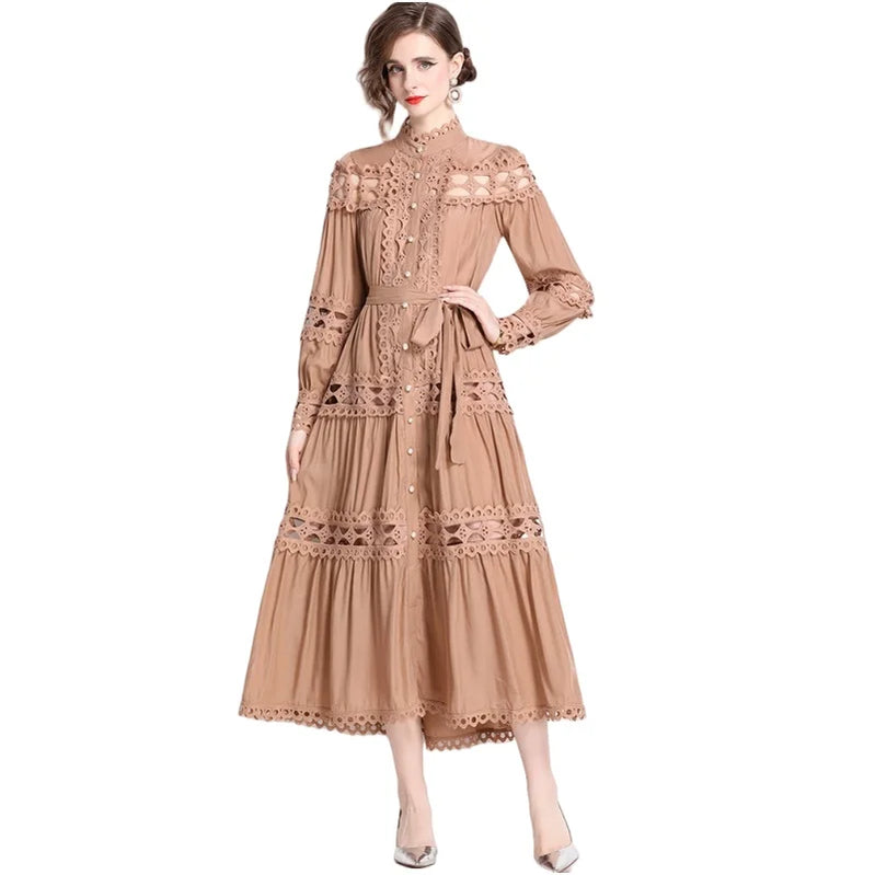 Spring Autumn Stand Collar Lace Hollowed Out Single Breasted Dress Women's Vintage Elegant Full Sleeve Rnnway Long Dress
