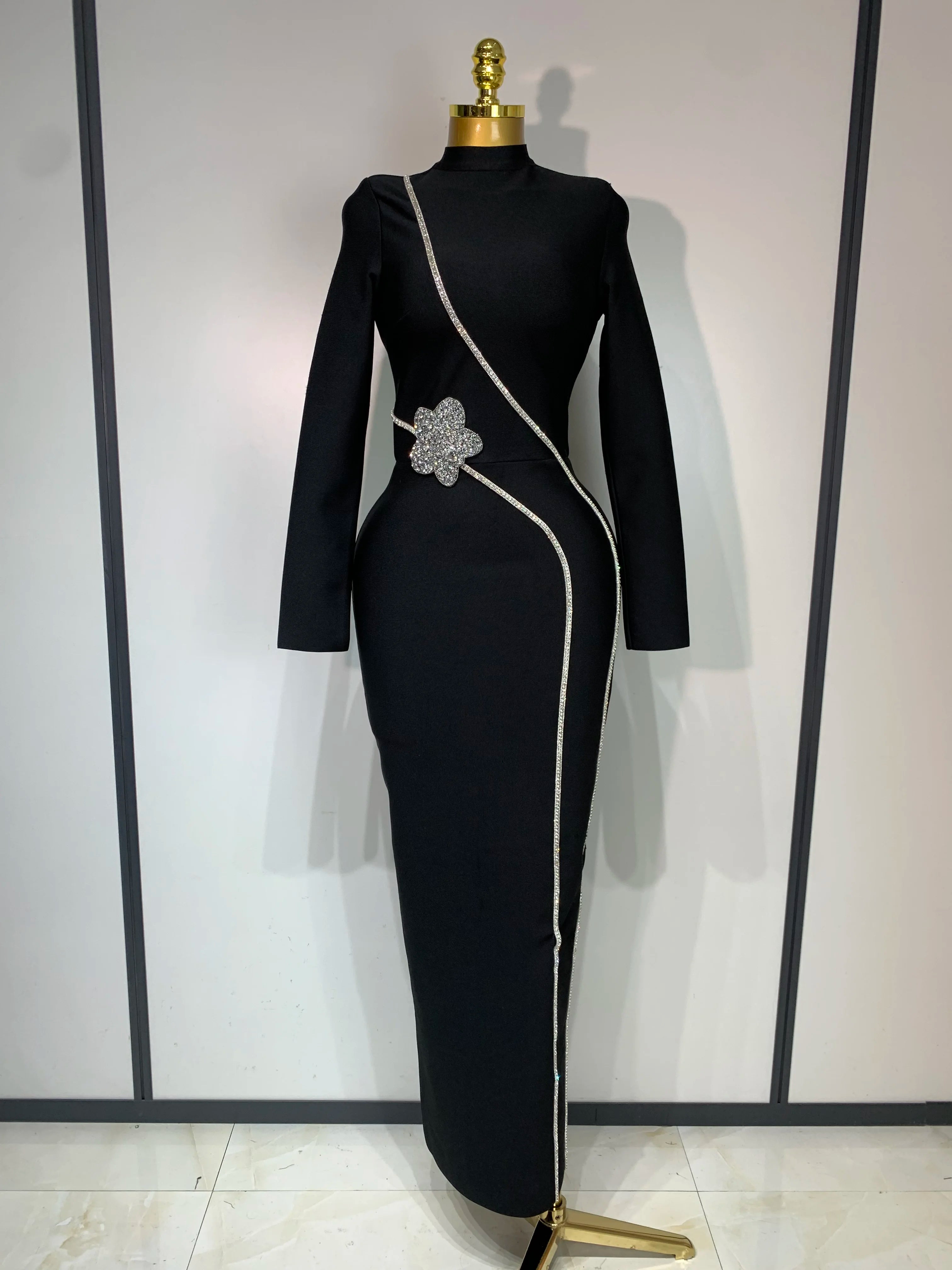 2025 Newest Fashion Designer Party Dress Women's Formal Long Sleeve Diamonds Bodycon Bandage Dress Elegant Luxury Birthday Gown