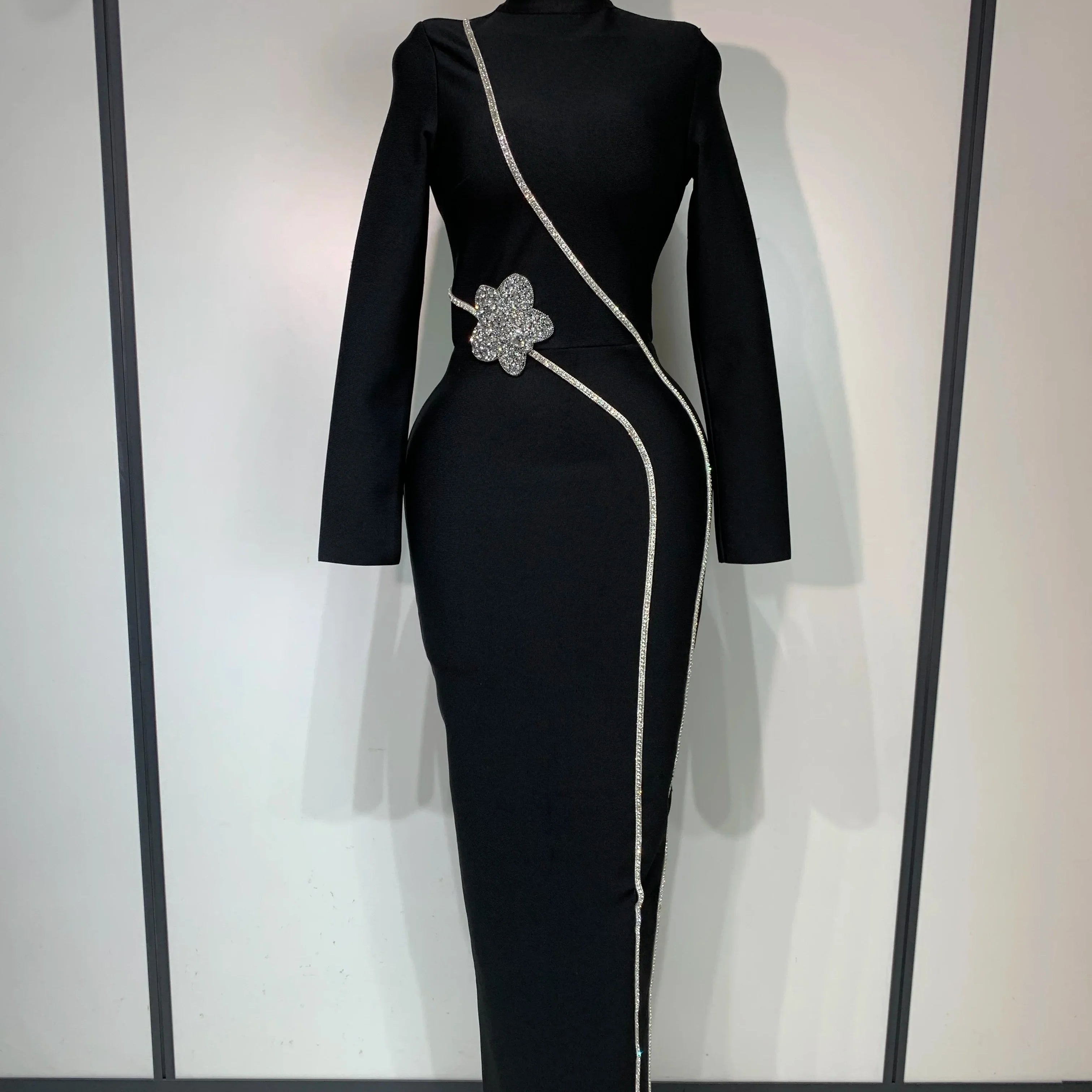 est Fashion Designer Party Dress Women's Formal Long Sleeve Diamonds Bodycon Bandage Dress Elegant Luxury Birthday Gown