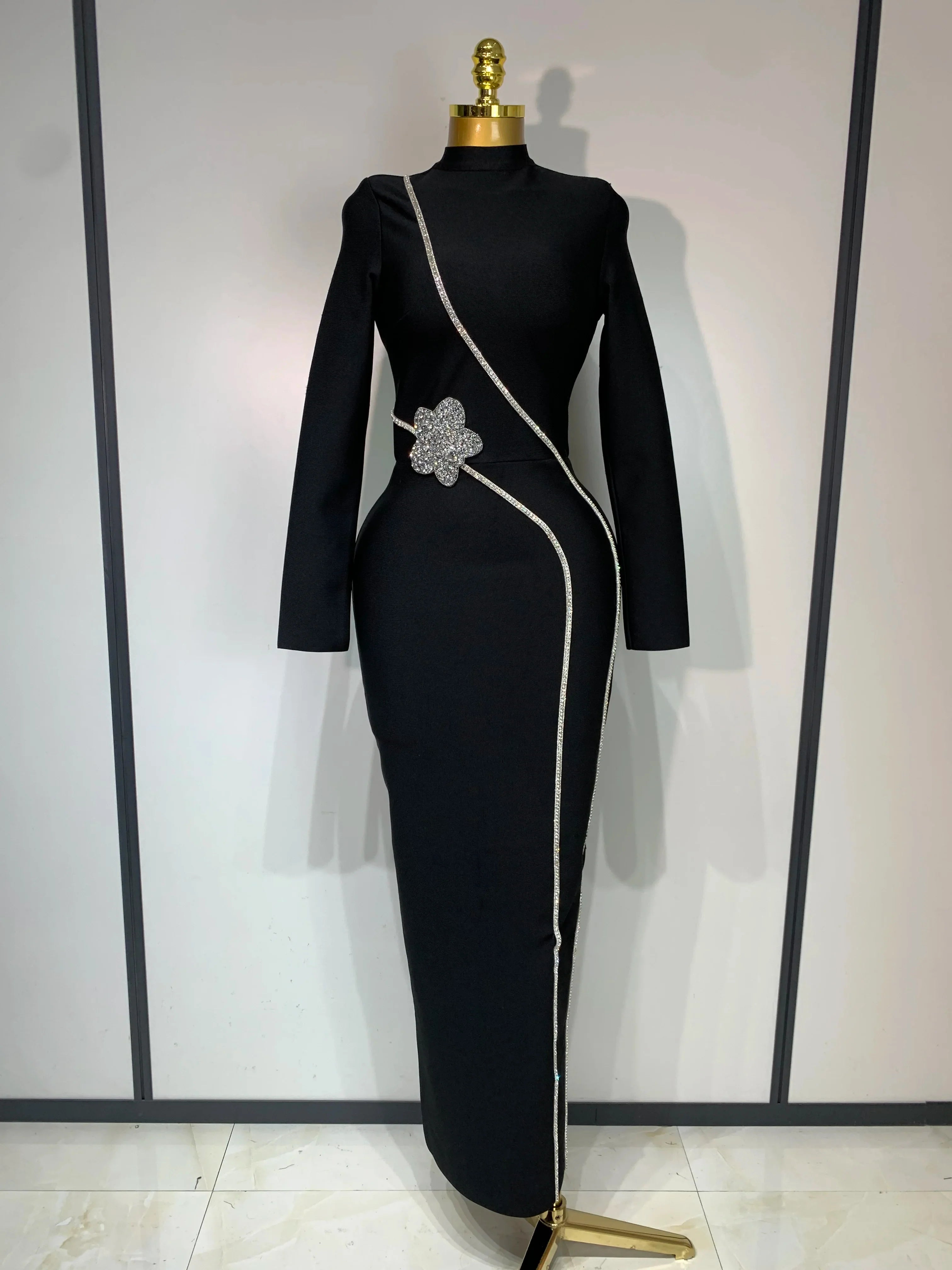 est Fashion Designer Party Dress Women's Formal Long Sleeve Diamonds Bodycon Bandage Dress Elegant Luxury Birthday Gown