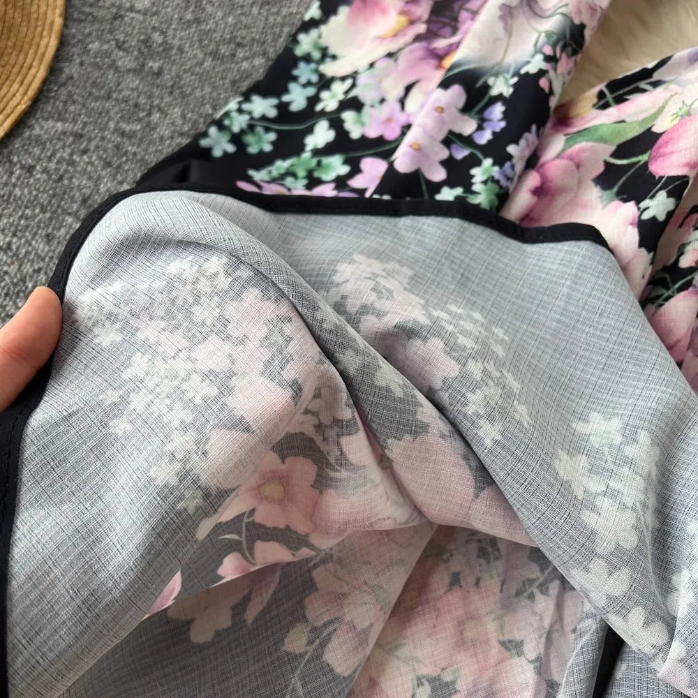 Roupas femininas de linho primavera verão passarela moda floral estampa vintage vestido gola alta manga lanterna cinto mini vestido