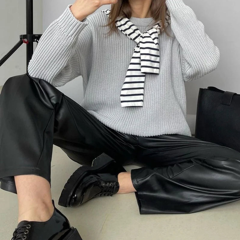 Autumn Winter Loose Straight Leather Pants Women High Waisted Faux Leather Trousers Female Vintage Black Pants