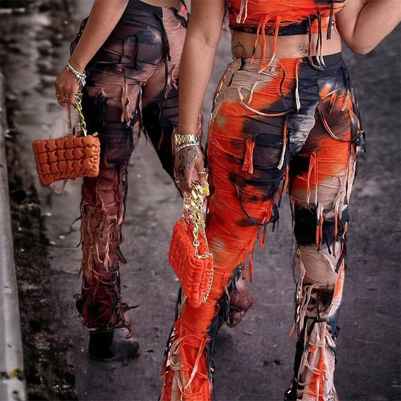 Autumn Tie-Dyed Collision Tassel High Waist Pants Skinny Casual Flared Trousers Women Slim Peculiar Fashion Streetwear