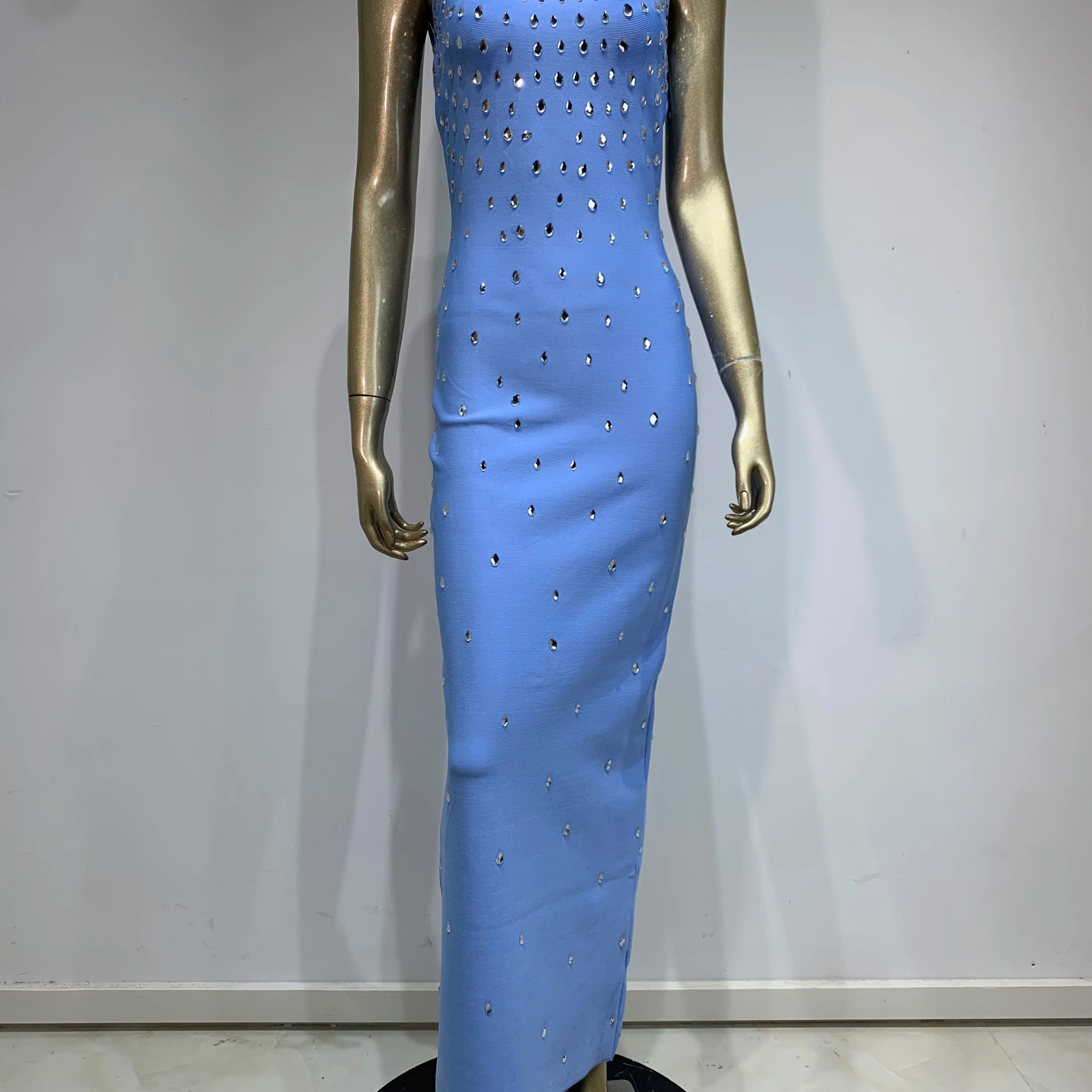 Women Celebrity Sexy Tank Studded Sky Blue Black Maxi Long Bodycon Bandage Dress 2024 Elegant Evening Club Party Outfit