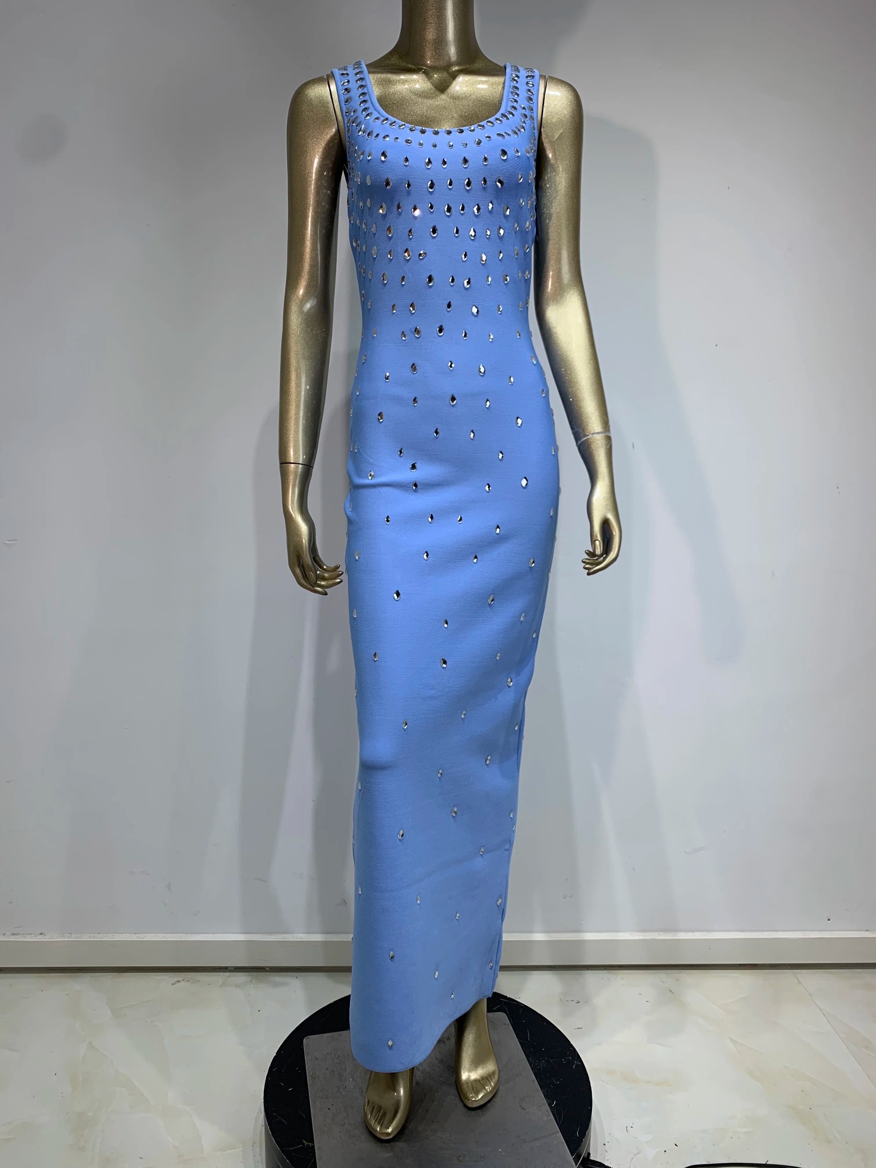 Women Celebrity Sexy Tank Studded Sky Blue Black Maxi Long Bodycon Bandage Dress 2024 Elegant Evening Club Party Outfit