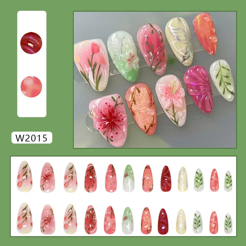 24pcs Flower Print Press on Nails Retro Color Blush Almond Fake Nail Tips Detachable Wearable Sweet Cool Spice Girl False Nails