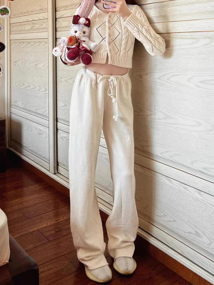Y2K Girl Casual Women Fashion Soft Cotton Drawstring Wide Leg Pants Summer Vintage Low Waist Solid Color Female Pants Mujer BSBM014 One Size CHINA