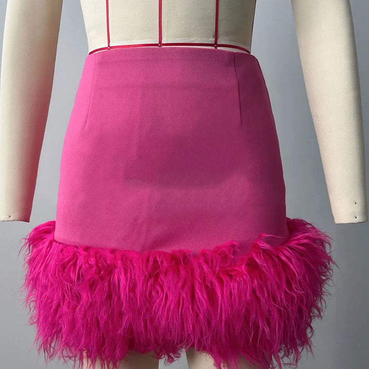 DEAT Spliced Feather Skirt Women Elastic Waist Slim Short Style Sexy Solid Color New Fashion Versatile Female 33A034 Pink 1