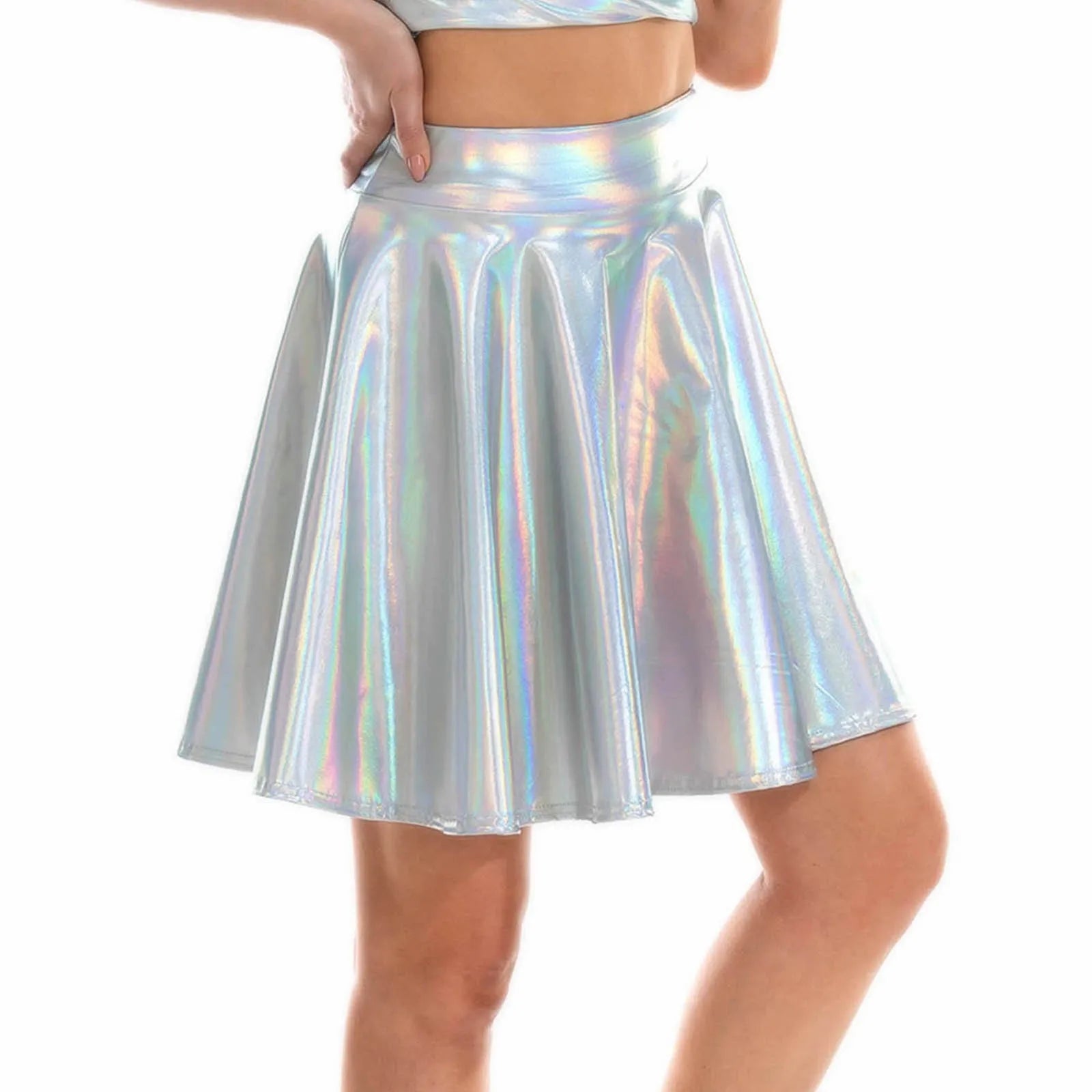 Women Shiny Metallic Pleated Skirt Stretchy High Waist A-Line Mini Skirts for Carnival Party Performance Nightclub Rave Dance Silver-1