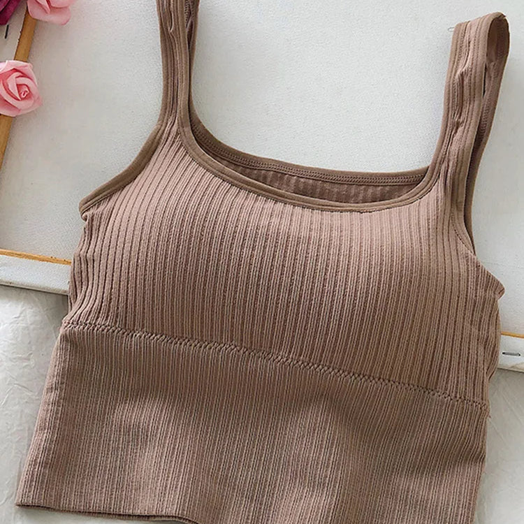 Summer Crop Top Women Seamless Square Collar Wide Straps Tank Top Knitted Striped Camisole Solid Corset Top Female Khaki one size for 40-65kg