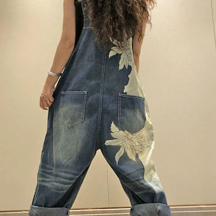 Korean Females Fashion Overalls Ladies Spring Printed Denim Harem Pants Vintage Casual Jeans Womens Loose Vintage Trousers