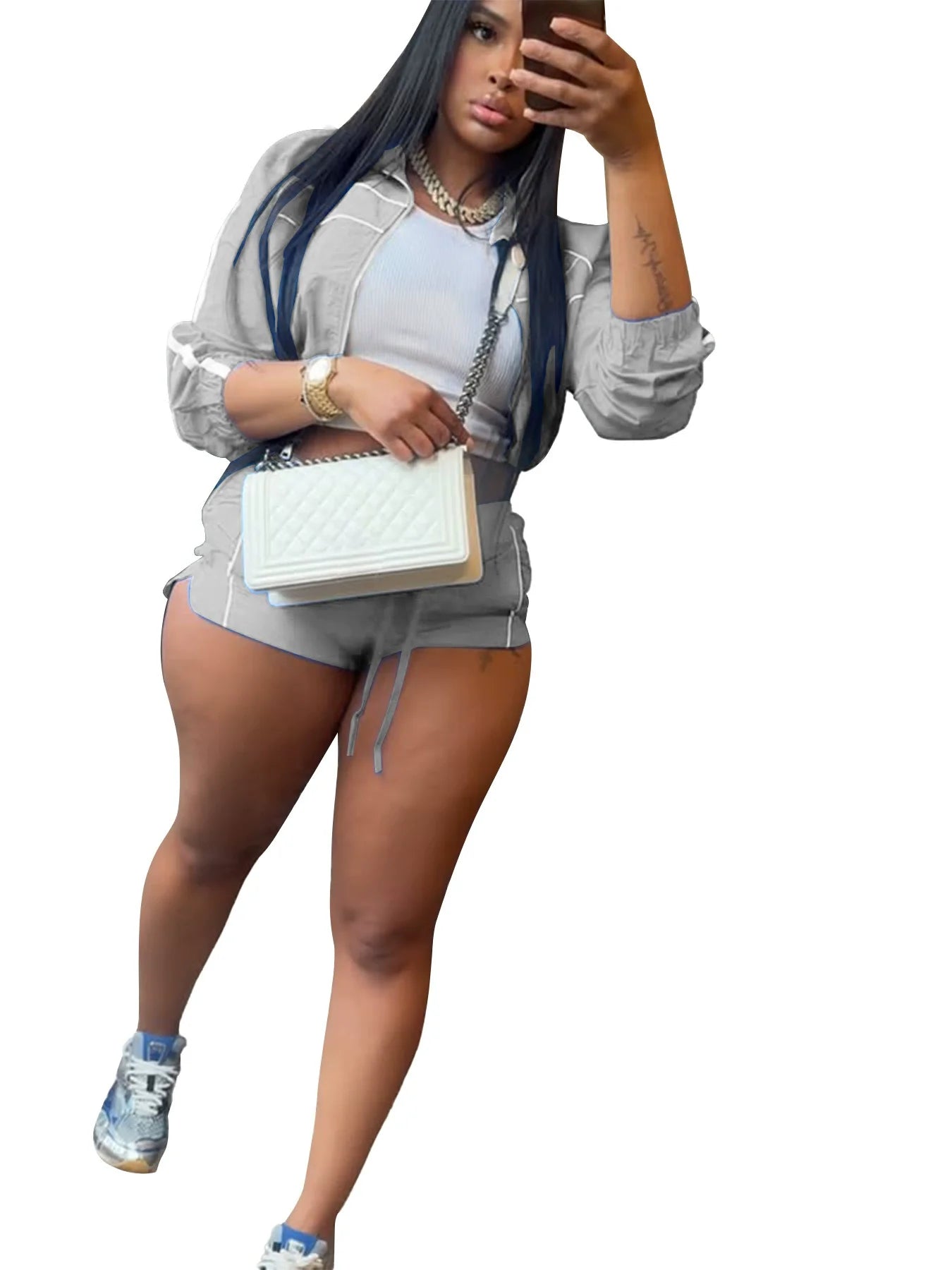 CM.YAYA Women's Set Long Sleeve Jacket + Shorts Suit 2025 Summer Streetwear Active Slim Sporty Two 2 Piece Set Outfit Tracksuit