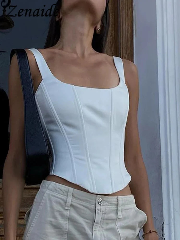 Zenaide Sexy Square Neck Satin Corset Crop Tops Summer Women Sleeveless Bandage Tank Top Camis Party Club 2023