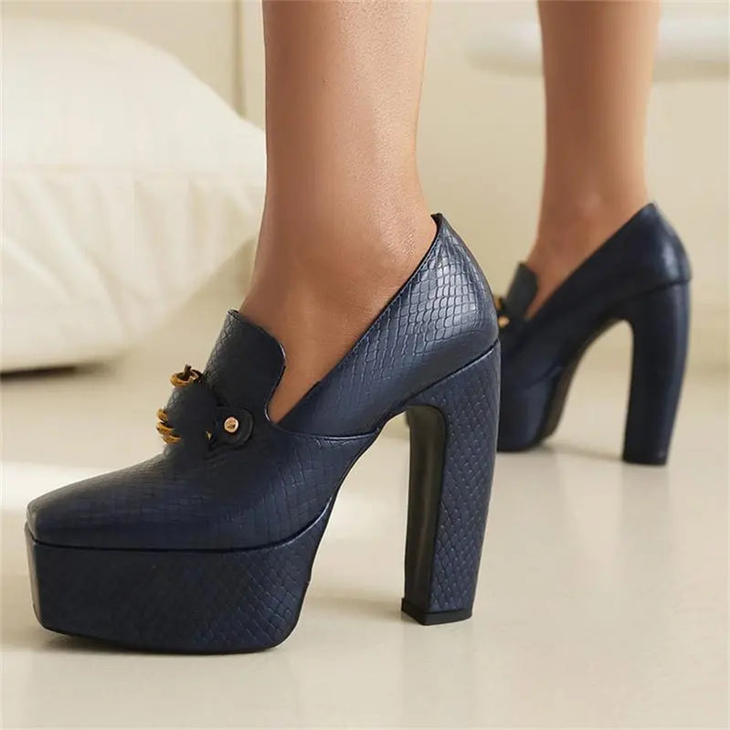 Super High Heel Women Shoes 2024 Spring Autumn Platform Square Head Metal Fastener Party Office Shoes Size 43