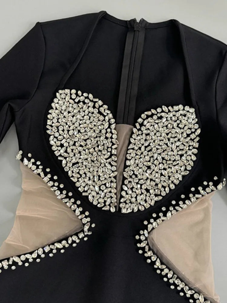 Women Celebrity Sexy Long Sleeve V Neck Beading Mesh Black Maxi Long Bandage Dress 2025 Elegant Evening Club Party Outfit