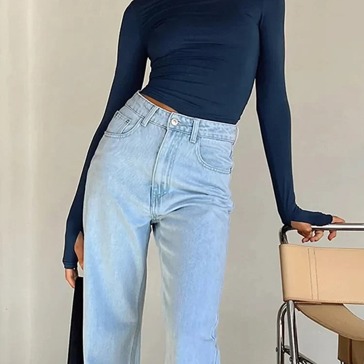 Fashion Women T-shirt Long Sleeve Crew Neck Solid Slim Fit Ladies Crop Top with Thumb Holes for Daily Streetwear Summer Camis Blue