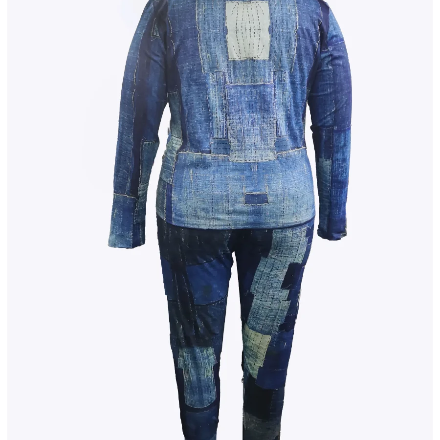 LW Plus Size Imitaton Denim Pocket Design Regular Fit Pants Set 2023 Women Autumn Winter Gradient Print Two Pieces Matching Sets