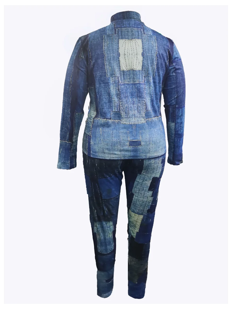 LW Plus Size Imitaton Denim Pocket Design Regular Fit Pants Set 2023 Women Autumn Winter Gradient Print Two Pieces Matching Sets