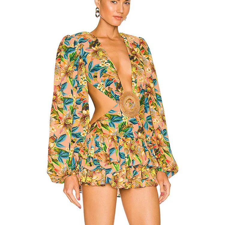 Women Summer Style Sexy Long Sleeve Hollow Out Floral Pleated Mini Bodycon Dress 2022 Elegant Evening Party Dress