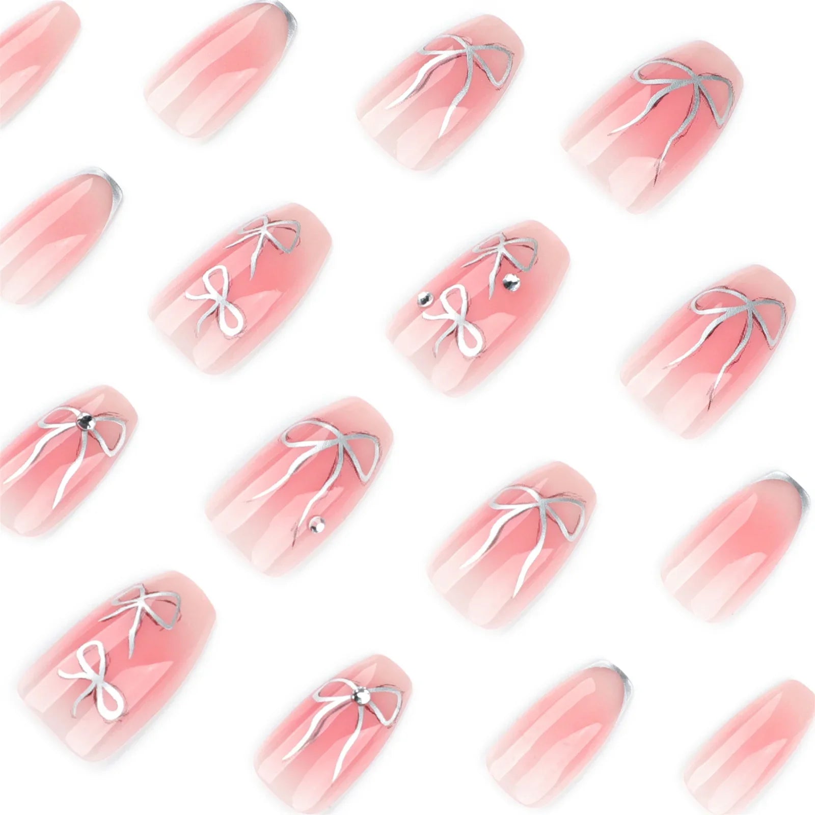 Short Ballet Fake Nails 24Pcs Blush Pink Press On Nails Silver Bowknot Printed French False Nails Patches DIY Charm Manicure