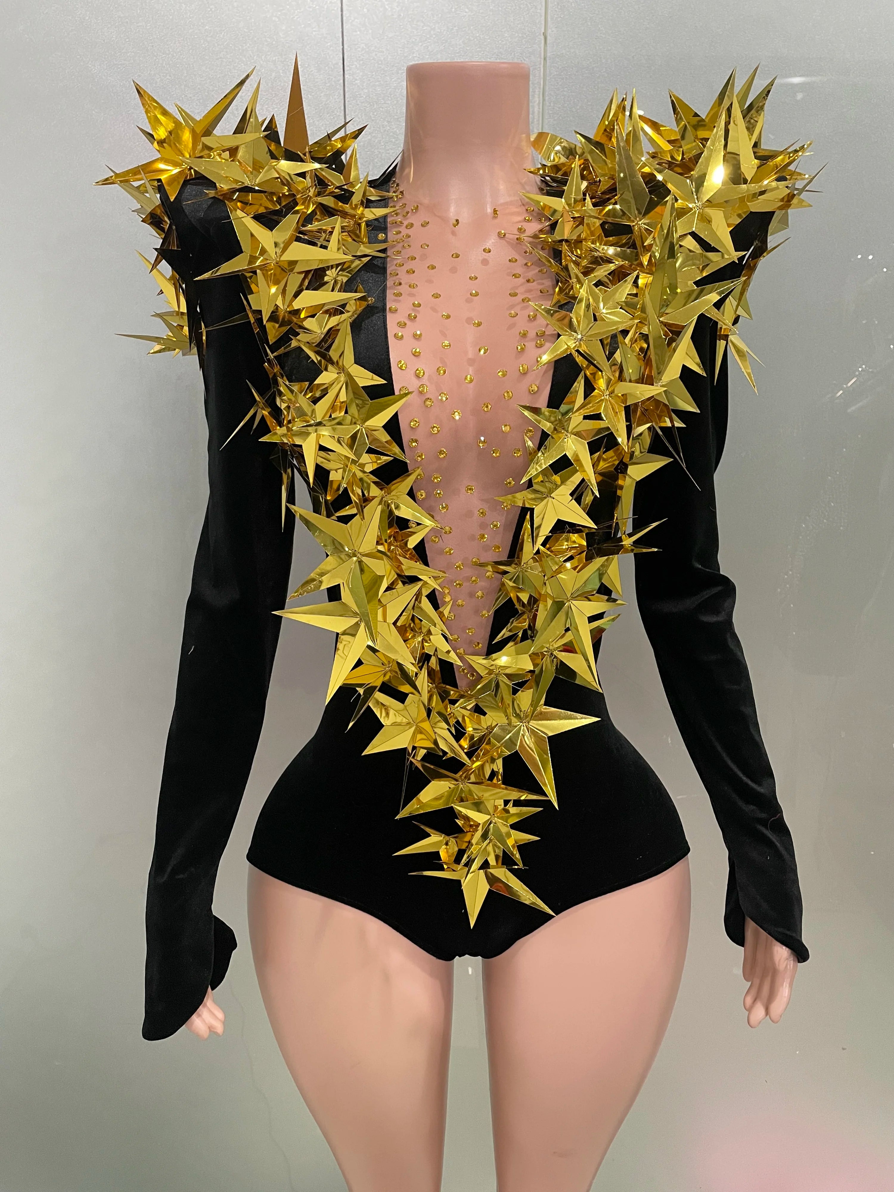 Shiny Gold Rhinestone Black Velvet Long Sleeve Bodysuit 2025 Women Evening Party Club Gala Hosts Night Club Bar Stage Costumes