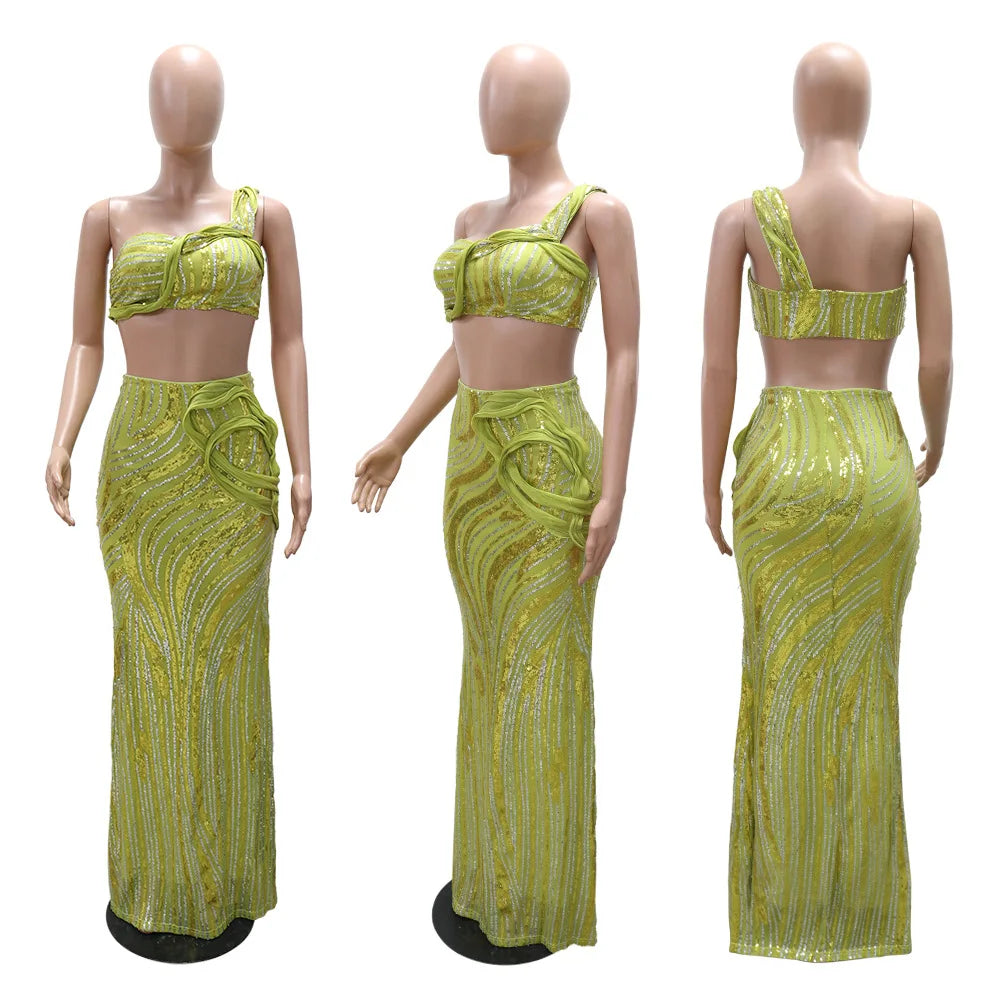 CM.YAYA Women’s Dress Set Mesh Sequined Ribbon Sleeveless Strap Top + Long Skirts Sets 2 Two Pcs Sets Sexy Party Evening Oufits