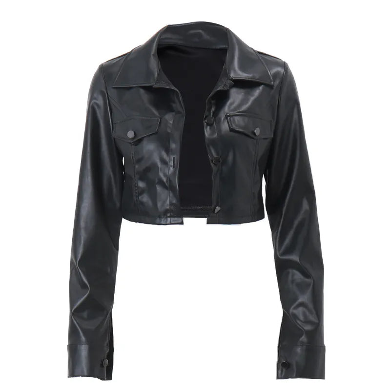 Autumn Faux Leather Short Jacket Y2K Turn-down Collar Fashion Botton Decoration PU Coat Grunge Street Casual Coats