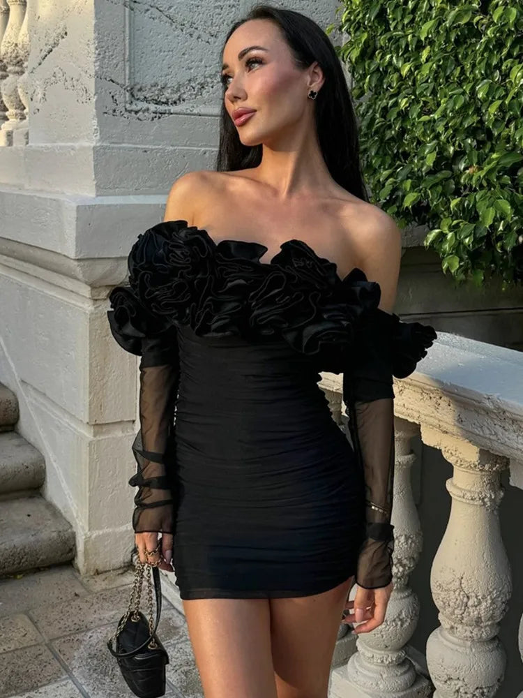 Fall Fashion Women Sexy Off Shoulder Mesh Ruched Black Flower Mini Bodycon Dress 2024 Elegant Evening Club Party Dress
