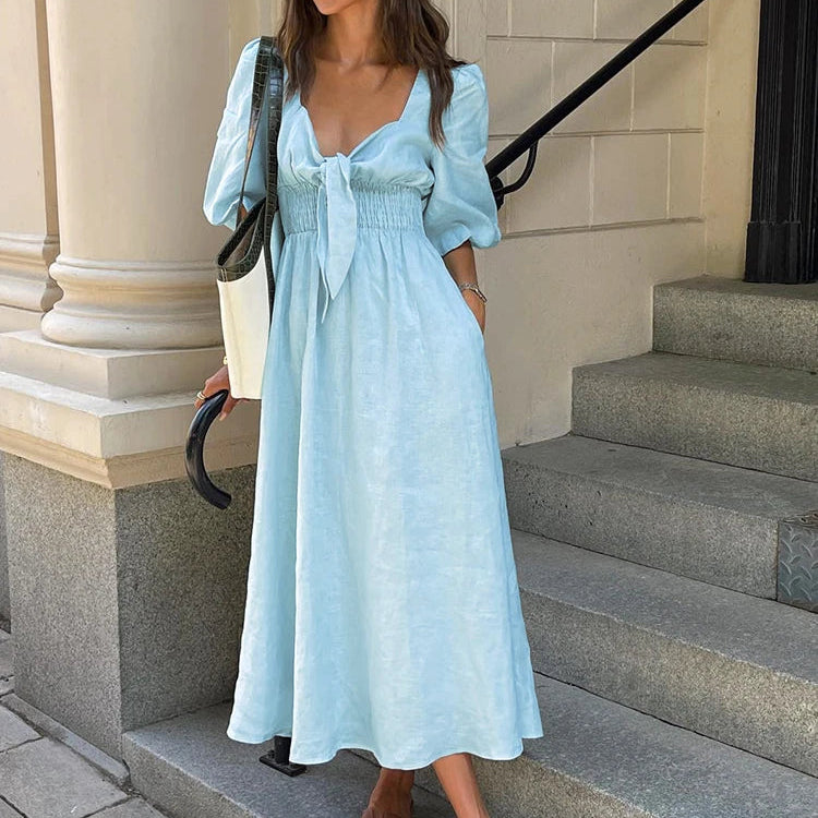 OOTN Sexy High Waist A Line Dresses Spring Elegant Blue Pleated Short Sleeve Dress Women Vintage Cotton Linen Summer Dress 2024