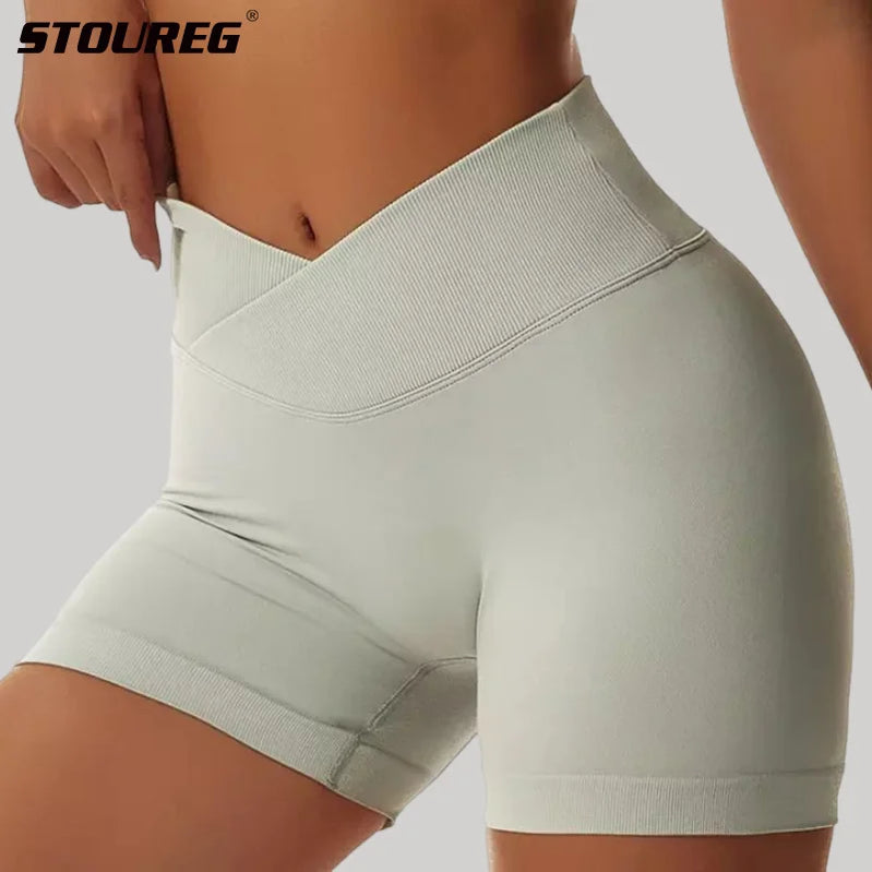 STOUREG Summer V-Waist Yoga Sport Shorts for Women,Peach Hip Sport Tights Triple Biker Workout Gym Clothing Seamless Shorts