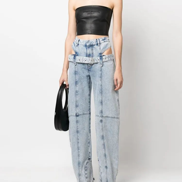 TWOTWINSTYLE Casual Cut Out Denim Trousers For Women High Waist Patchwork Belt Vintage Streetwear Jean Female Fashion Clothing
