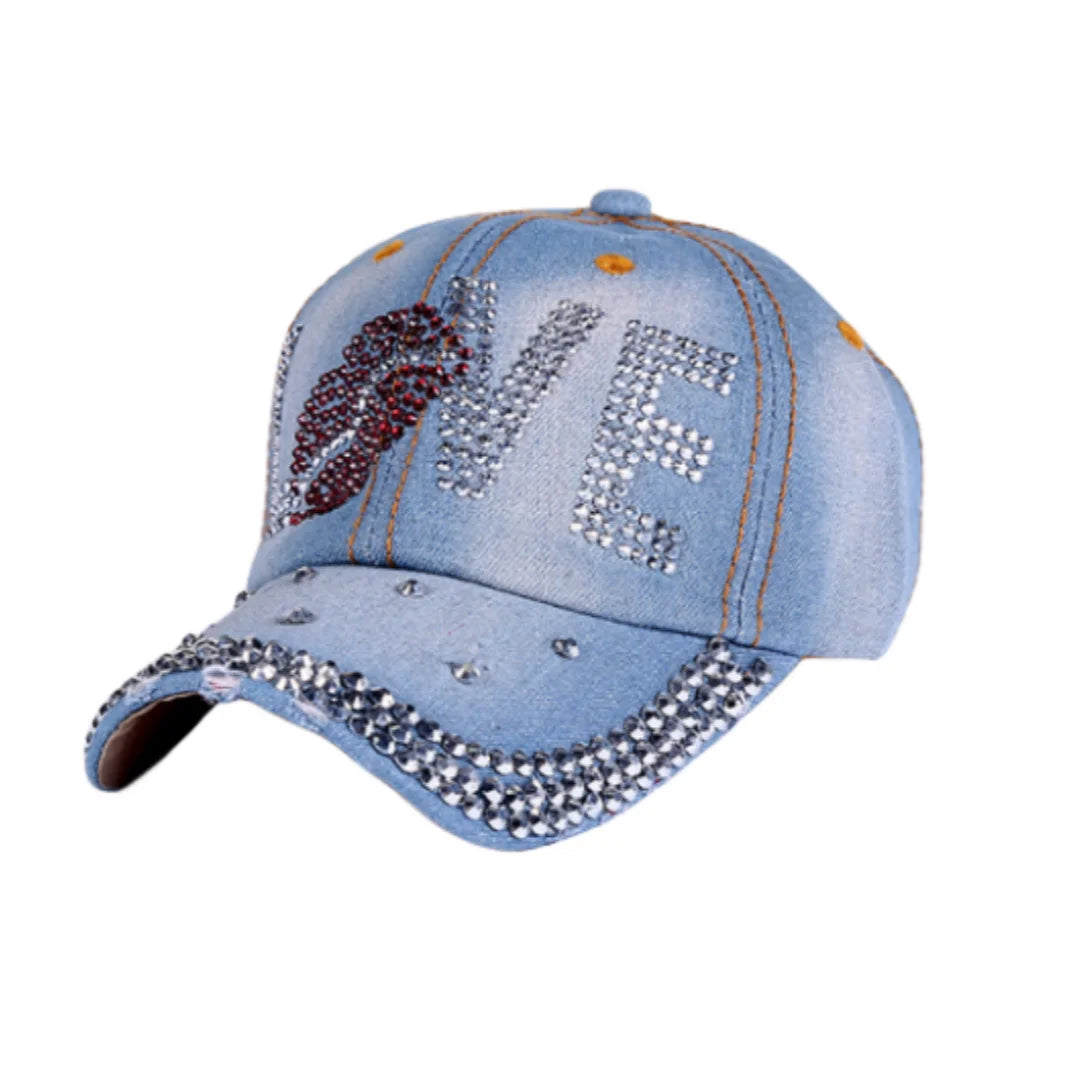 Fashion Rhinestone Hat Butterfly / Star / Crown/Love Denim Baseball Spring Summer Outdoor Hat Peaked Cap LOVE LightBlue Adjustable