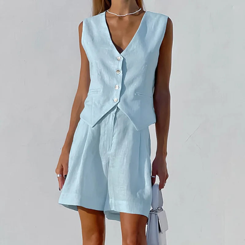 Sets For Women 2 Pieces Sleeveless Single Breasted Top Sets High Waist Wide Shorts Suit Summer Fashion Office Lady Outfit blue