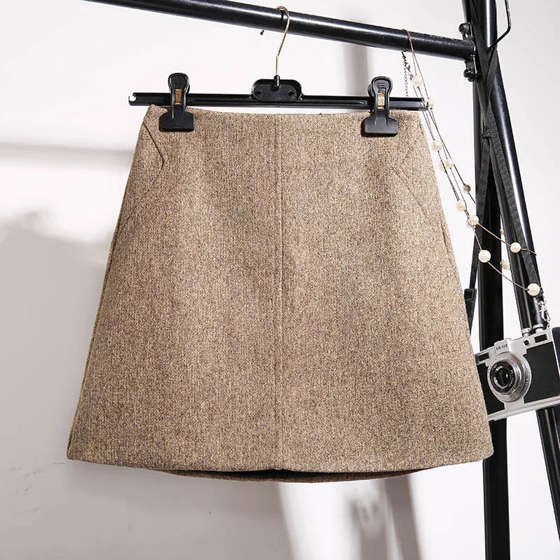 Fashion Wool Skirt Women Autumn Winter Thick Warm A-Line High waist Mini Skirts Women's Woolen Boots Short Skirts Faldas F196 Khaki