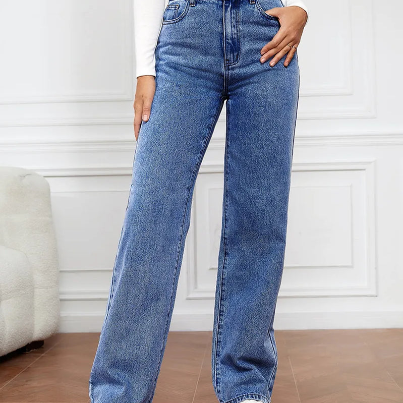 Elastic Washed Denim Fashion Straight Pants Jeans Women's Pants Dark Blue