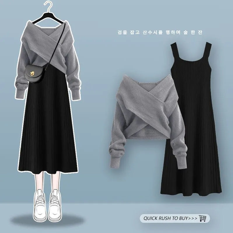 Women's Autumn Winter Knit Dress Two Piece Fashion Cross Sweater+Suspended Skirt Matching Set Korean Elegant Chic Suit Set 01