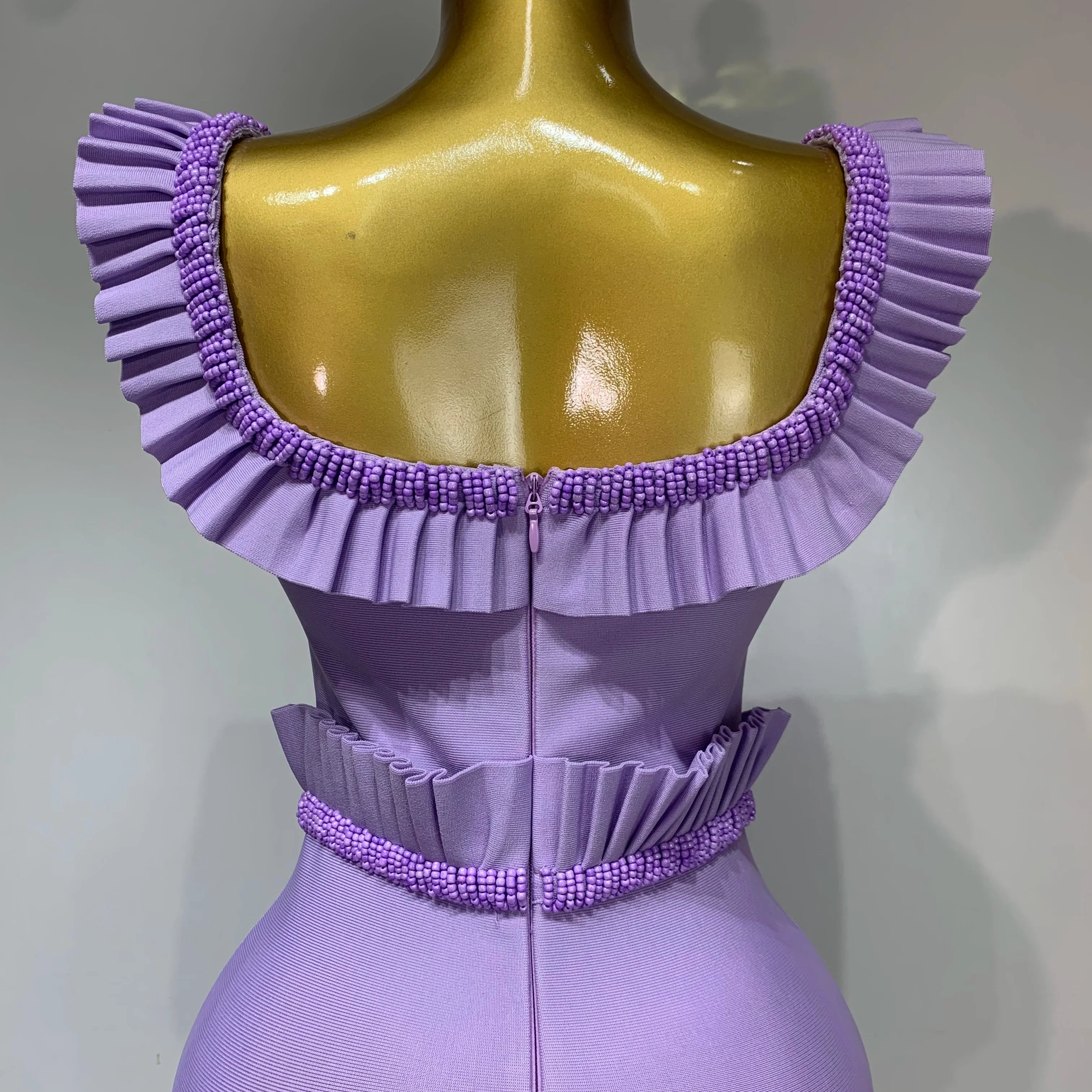 Women Sexy Square Collar Ruffles Beading Long Bodycon Bandage Dress  Celebrity Elegant Evening Club Party Birthday Dress