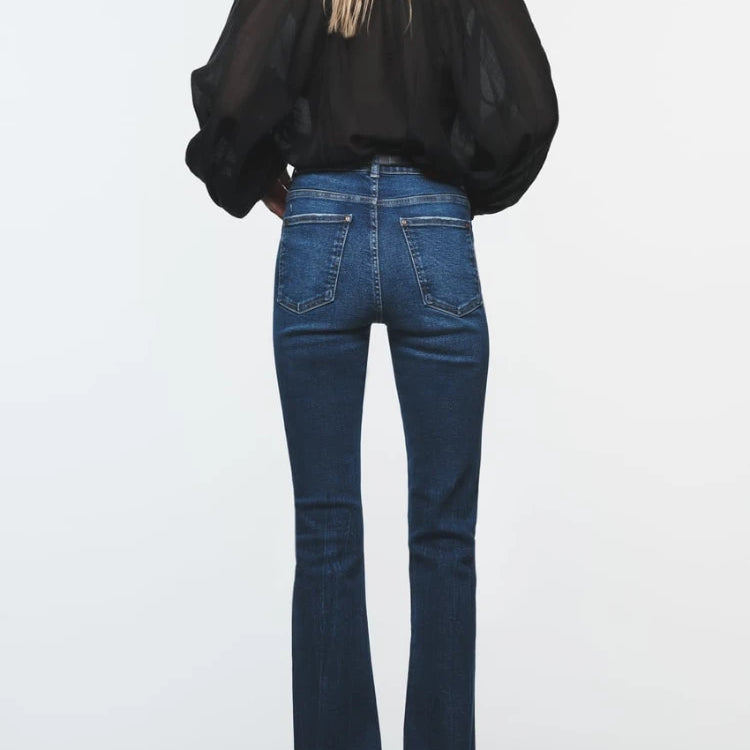 Woman's High Waist Flare Jeans Autumn Washed Effect High Rise Five Pocket Zip Button Closure Stretch Flared Legs Jeans